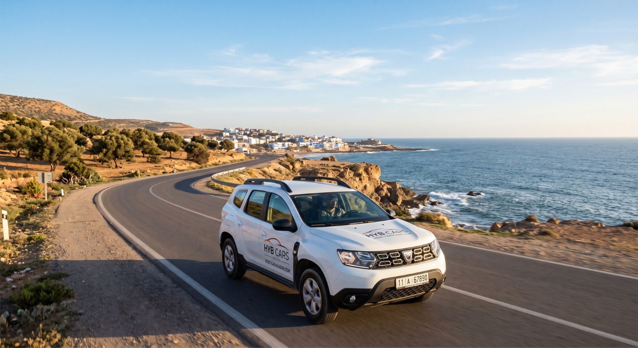 A HYB CARS rental vehicle parked near the beach in Taghazout, Morocco
