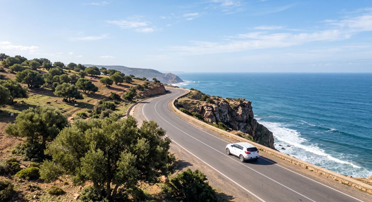 A rental car driving on the beautiful coastal road from Agadir to Essaouira