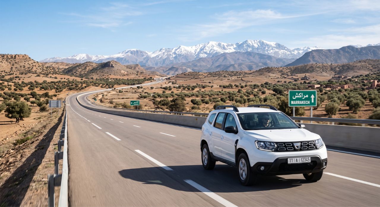 A rental car driving on the highway towards Marrakech with beautiful Moroccan landscape in the background